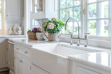 A beautiful sink in a white modern farmhouse kitchen with a chrome faucet, white apron sink, and white granite in front of bright windows. - obrazy, fototapety, plakaty