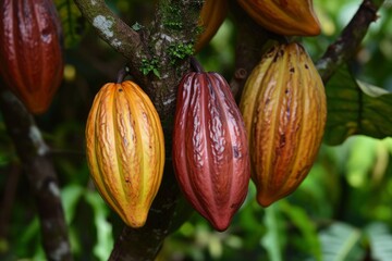 Close up Cocoa pods hanging on tree in cocoa plantation. generative ai