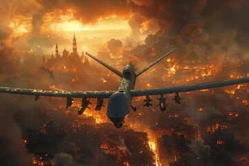 Burning city warfare: military combat drone strikes urban buildings - obrazy, fototapety, plakaty