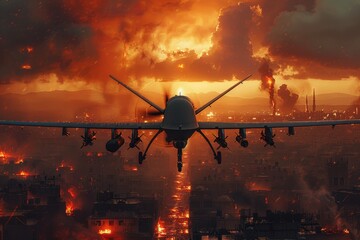 Aerial assault on urban buildings: military combat drone strikes - obrazy, fototapety, plakaty