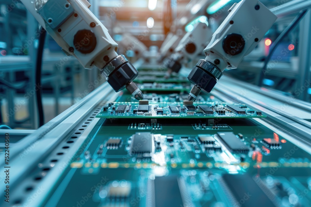 Aufkleber Printed circuit board assembly process. Conveyor with robotic arms in electronics factory. Semiconductor manufacturing industry