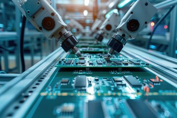 Printed circuit board assembly process. Conveyor with robotic arms in electronics factory. Semiconductor manufacturing industry