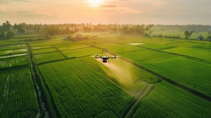 Agricultural drone flies over the field. The future of agricultural technology.