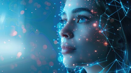 Head of woman with on futuristic background. Artificial intelligence, people and technology concept. - obrazy, fototapety, plakaty