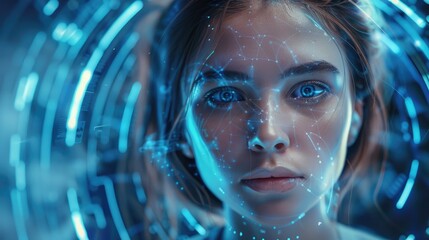 Head of woman with on futuristic background. Artificial intelligence, people and technology concept.
