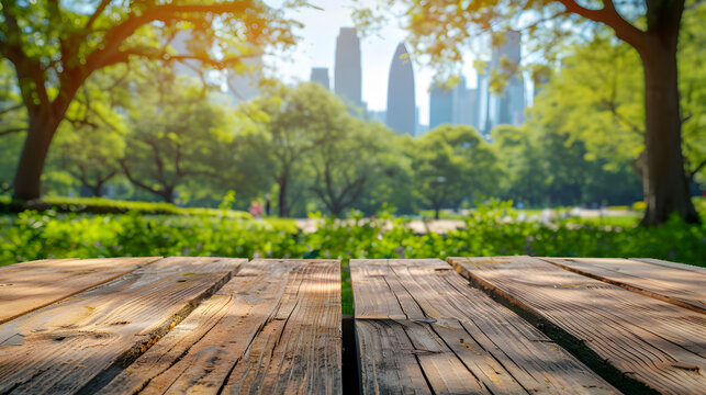 Empty wooden table with city park on background ,