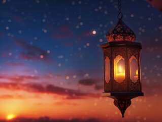 Fototapeta na wymiar Traditional lanterns glow against a dusk sky, creating an ambiance of mystique and wonder.
