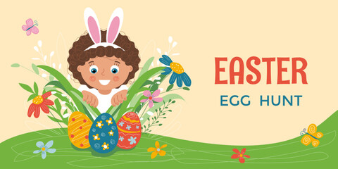 Child girl in a bunny costume found Easter eggs in the grass. Easter egg hunt outdoors. Banner with text. Vector stock illustration.