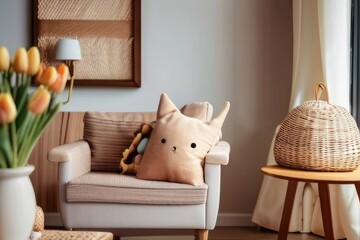 Living Room Interior with Brown Leather Sofa and White Leaf Wall Art

