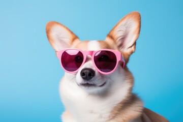 very happy dog corgi with sunglasses on pink bright background