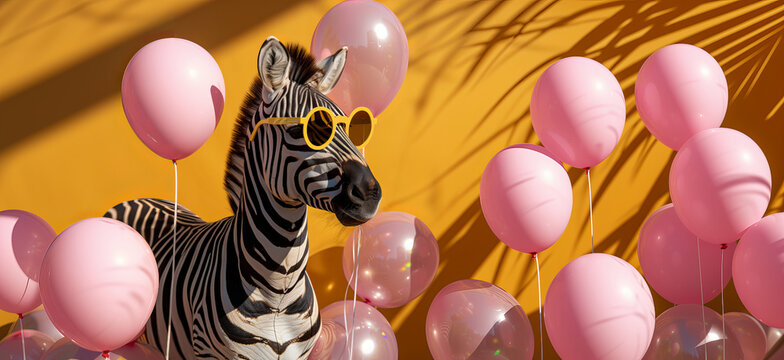 Funny zebra with glasses birthday card with pink foil balloons all around on a vibrant yellow background.