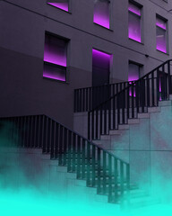 Poster, Contemporary art collage. Staircase against building with windows glowing in purple light...