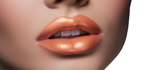 PNG on transparent background. Detailed texture of moisturized lips coated with a satin nude lipstick, offering a look of understated beauty. Suitable for natural makeup campaigns and beauty education