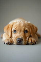 Portrait of a cute little Labrador puppy with its muzzle on its paws. The concept of caring for and caring for pets. Veterinarian's Day. Vertical image