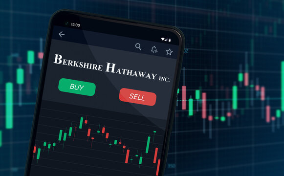 Berkshire Hathaway Inc. investment company shares rise or fall on stock exchange market - logo on mobile phone screen - Warsaw, Poland - 05.03.2024