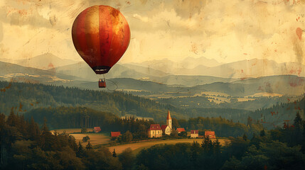 Paysage ancien avec une montgolfière qui survole un petit village de campagne au milieu de la forêt et des montagnes - obrazy, fototapety, plakaty
