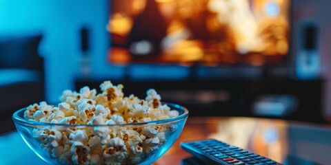 Bowl of popcorn on a couch with a cozy blanket and TV remote.