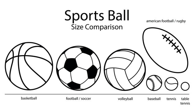 sports ball size diameter comparison - set of black and white vector silhouette symbol illustrations