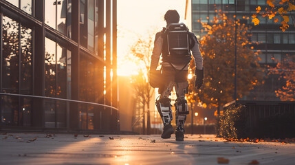 Man wearing futuristic robotic exoskeleton and walking on the street - obrazy, fototapety, plakaty