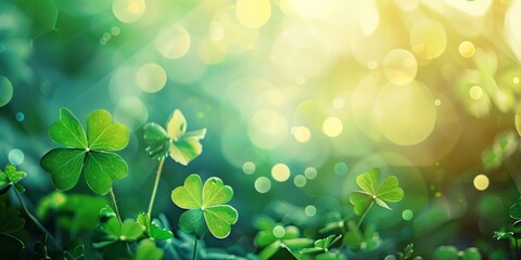 Lush clover leaves with sparkling sunlight creating a vibrant bokeh effect.