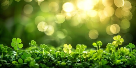 Obraz premium Green clover field illuminated by golden bokeh lights, suggesting magical ambiance.
