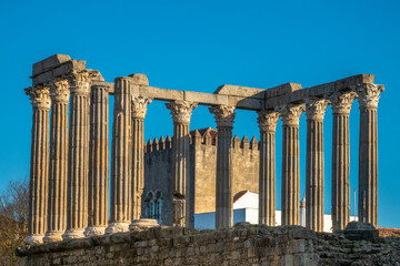 Ruins of the Roman Temple, 1st century AD, Evora, Alentejo, Portugal. One of the best preserved...