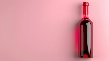 Zelfklevend Fotobehang A bold red wine bottle stands against a soft pink background, showcasing modern simplicity and style. © tashechka