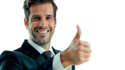 Confident businessman giving a thumbs up looking at camera isolated on transparent or white background.

