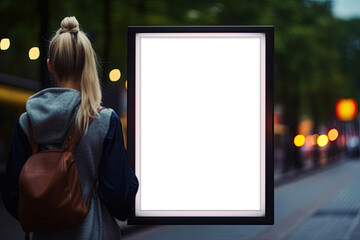 Blank white mock up of vertical light box. Billboard design. Copy space, add text, brand or logo. Ai Generative - obrazy, fototapety, plakaty