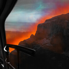 Poster, Contemporary art collage. View from car window showing dramatic neon-lit canyon landscape with vibrant orange color. Urban street style. Concept of futurism, innovation and digital age.