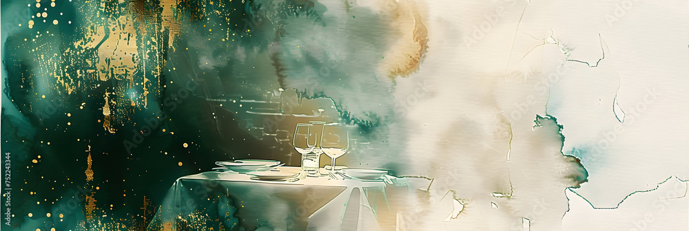 Poster a watercolor painting of a fine table in a fancy restaurant, gold and dark green color tones, close up detail,