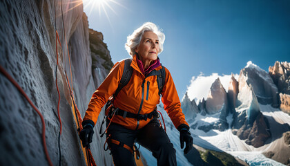 Old woman hiking up a snowy mountain with a backpack on her back - obrazy, fototapety, plakaty