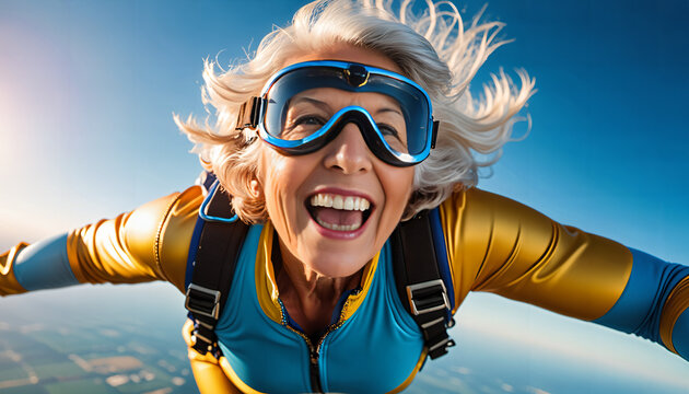 A woman dressed in yellow and blue is skydiving with her arms outstretched and a big smile on her face. 