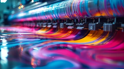 Dynamic printing process captured, swirls of color on fresh labels