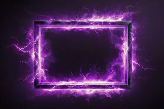Empty frame decorated with neon purple toxic smoke and lightning