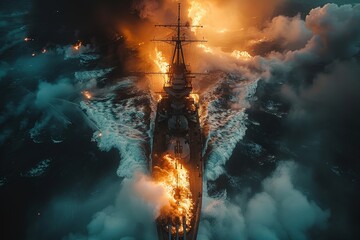Spectacular tragedy: warship ablaze on the open waters