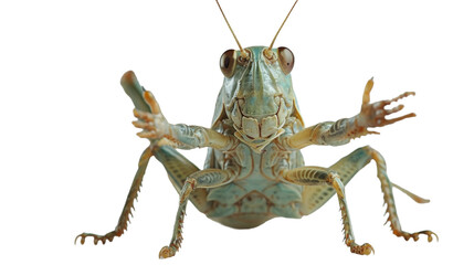 A lighthearted grasshopper seemingly offering a greeting with its raised limb, adding a touch of whimsy