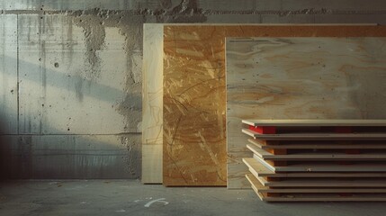 A stack of sturdy plywood panels standing against a wall, awaiting their transformation into functional pieces.