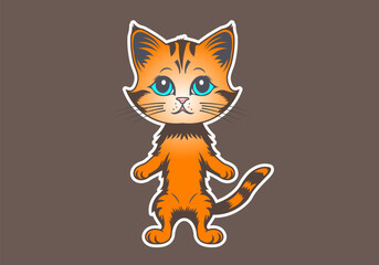 Vector cartoon cute standing red funny kitten. Fluffy pet. Sticker or icon. Dark background.