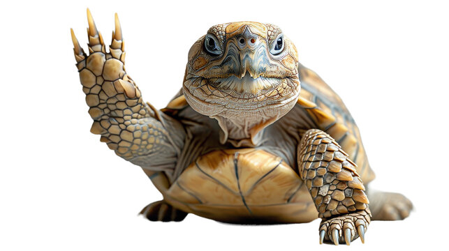 An engaging image of a turtle with intriguing detailing on its skin and shell, with paws up as if waving