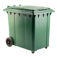 A green trash can with a wheel on the bottom Isolated on transparent background, PNG