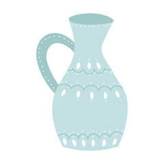 Cute blue ceramic jug design element flat cartoon illustration. Capacity for drink. Colored tableware hand drawn vector design. Kitchen trendy crockery for hot drink isolated on white background