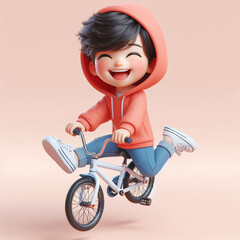 The boy in a pink hoodie is laughing heartily as he rides a bicycle. He raises both legs as if he's about to fly into the sky