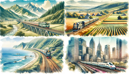 列車が線路を走っている4枚の水彩画風イラスト。4種類の列車が山間部、海岸沿い、田園風景、都市部をそれぞれ走っている。