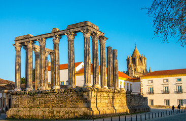 Ruins of the Roman Temple, 1st century AD, Evora, Alentejo, Portugal. One of the best preserved...