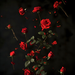 Red roses close-up dark romantic background. Selective focus Toned.