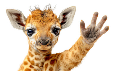 A playful giraffe calf with a tender gaze, waves its hoof greeting warmly, showcasing its spots and innocent eyes