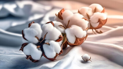 Cotton plant flowers on white fabric - obrazy, fototapety, plakaty
