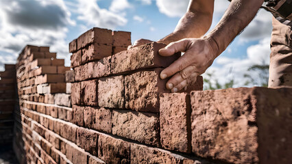 Bricklayer laying bricks on mortar on new residential house construction