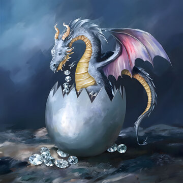 Illustration depicting a baby dragon hatching from an egg